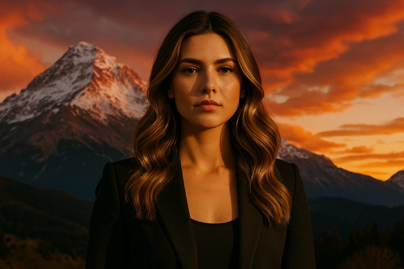 Frau mit glänzender Balayage und sanften Wellen vor dramatischer Bergkulisse bei Sonnenuntergang.