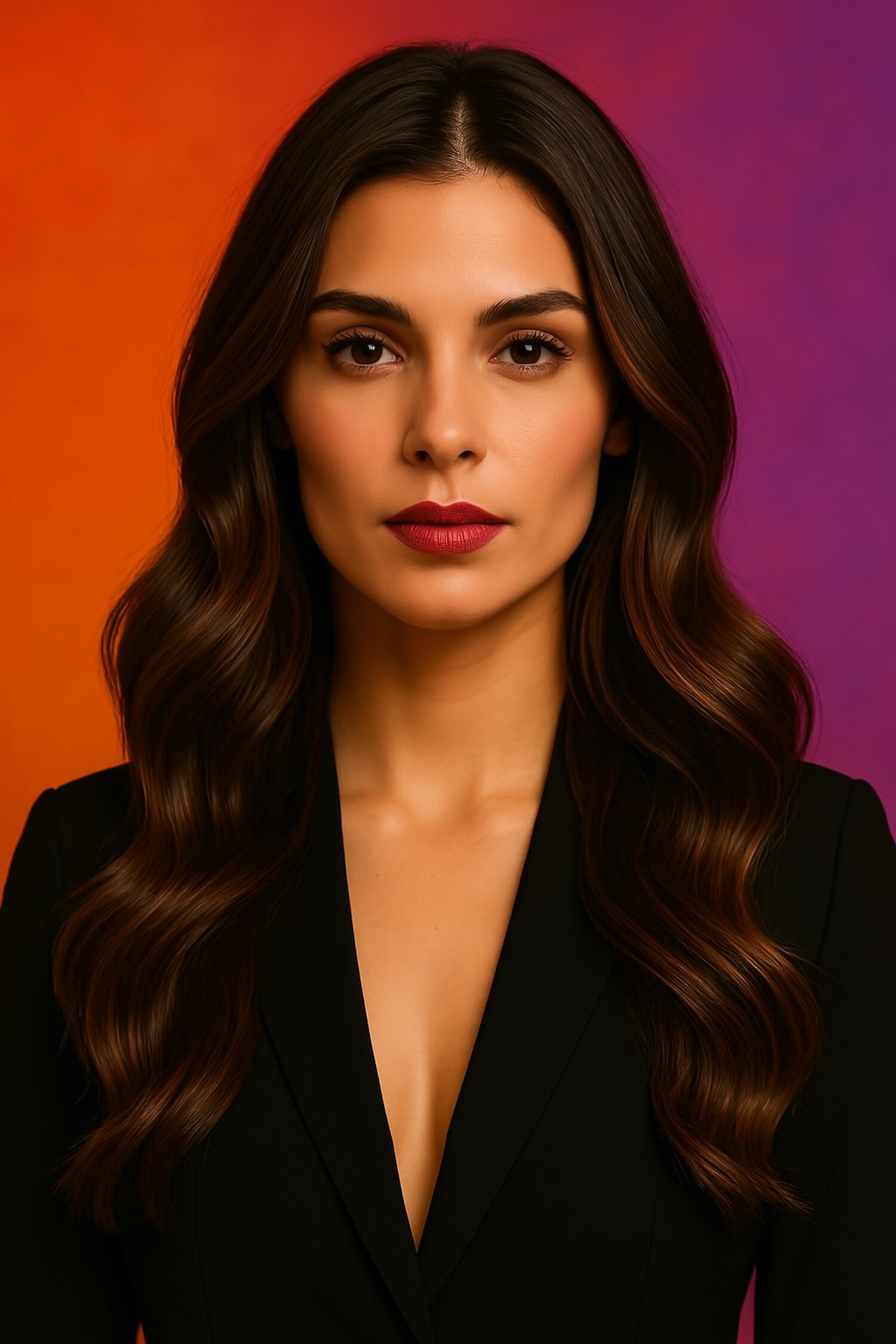 Stilbewusste junge Frau mit langen, dunkelbraunen, glänzenden Wellen – eine der angesagtesten Damenfrisuren 2025 – kombiniert mit elegantem, dezentem Make-up.