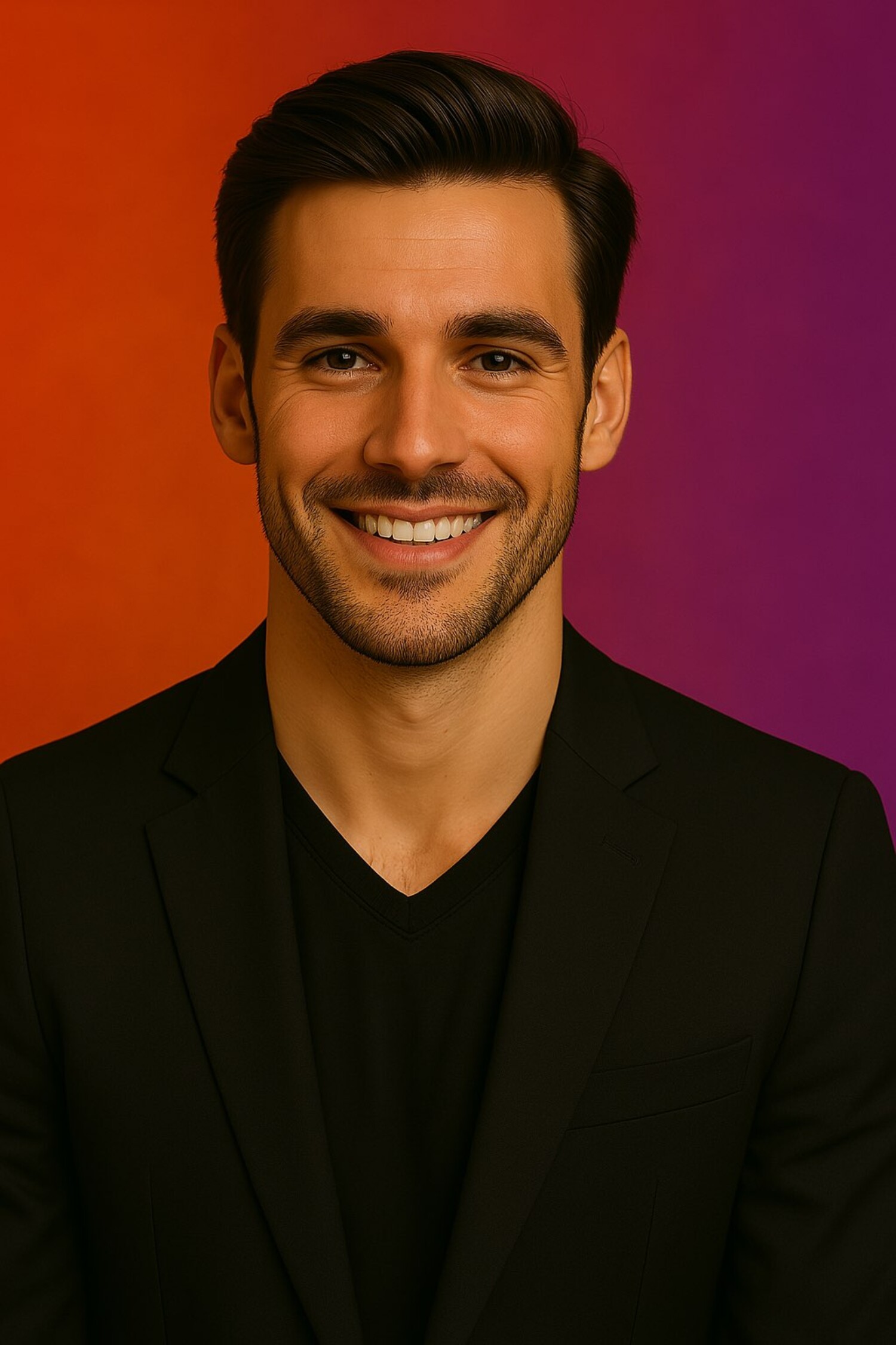 Junger Mann mit modernem, sauber geschnittenem Herrenhaarschnitt und gepflegtem Bart, lächelt vor farbigem Hintergrund.