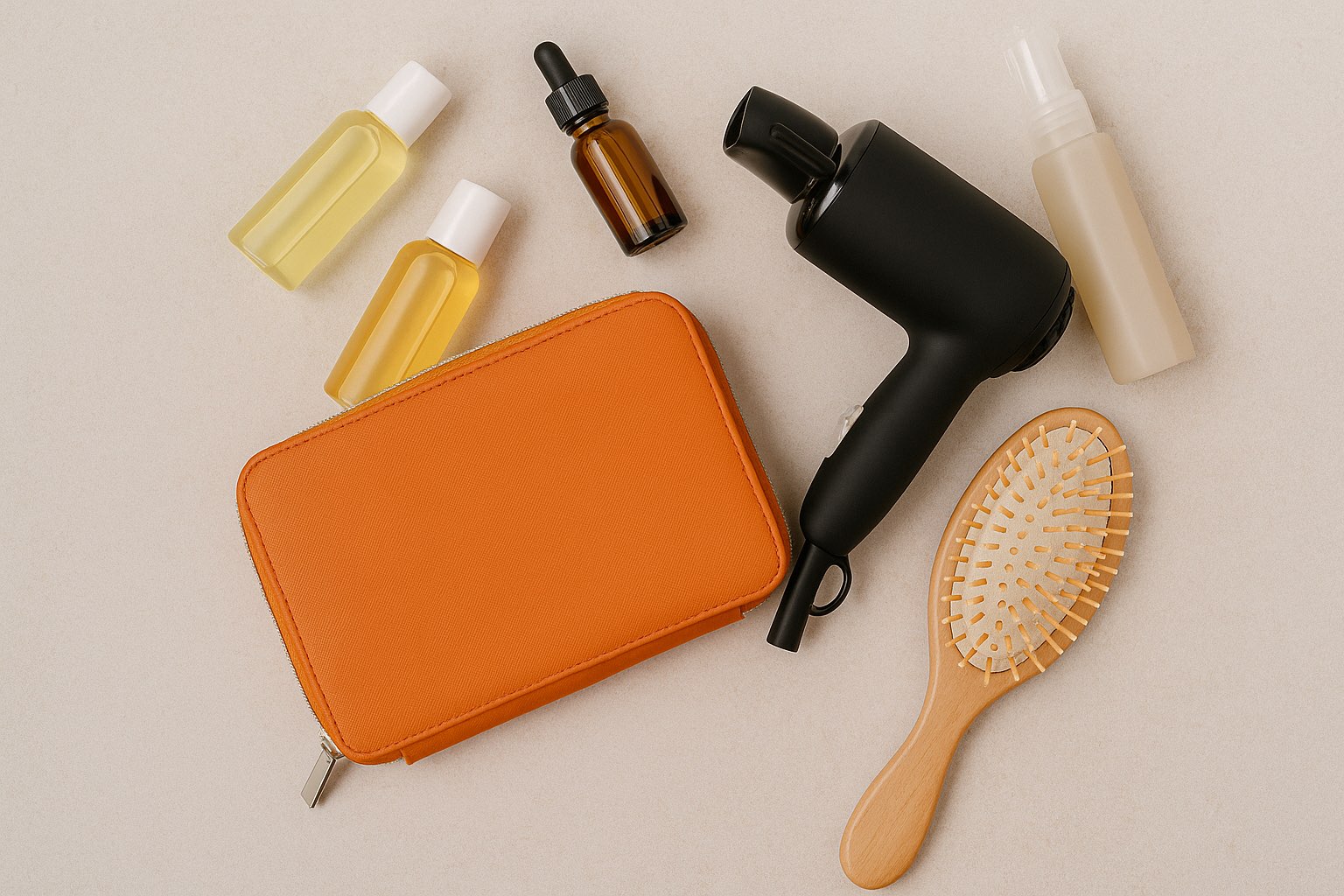 Reisegrößen von Pflegeprodukten, ein kompakter Föhn mit Diffusor und eine weiche Bürste gehören in jedes Beauty-Case.