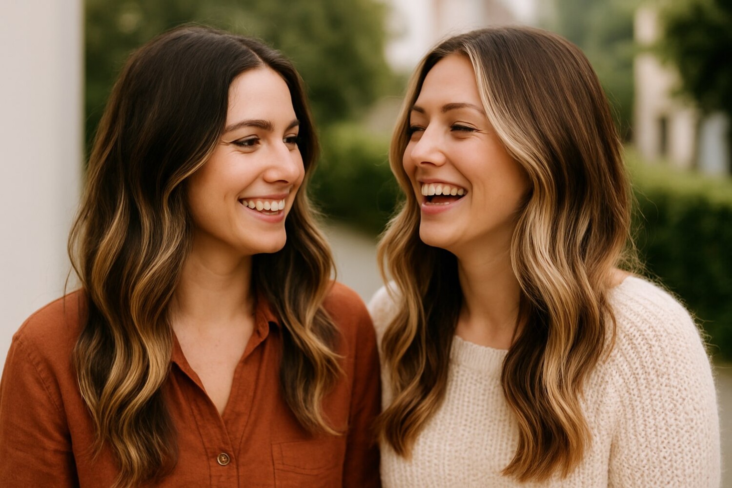Zwei Freundinnen mit Balayage lachen gemeinsam im Freien – Empfehlungsaktion von FreshStyle