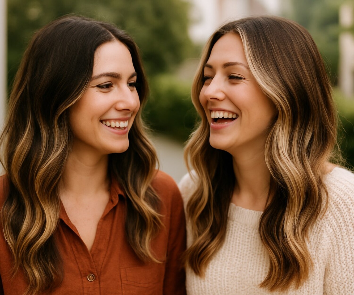 Zwei Freundinnen mit Balayage lachen gemeinsam im Freien – Empfehlungsaktion von FreshStyle